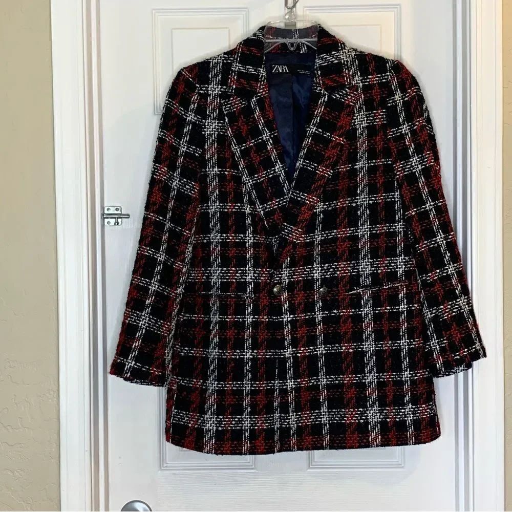 ZARA Plaid Double Breasted Blazer Tweed Size Small Oversized